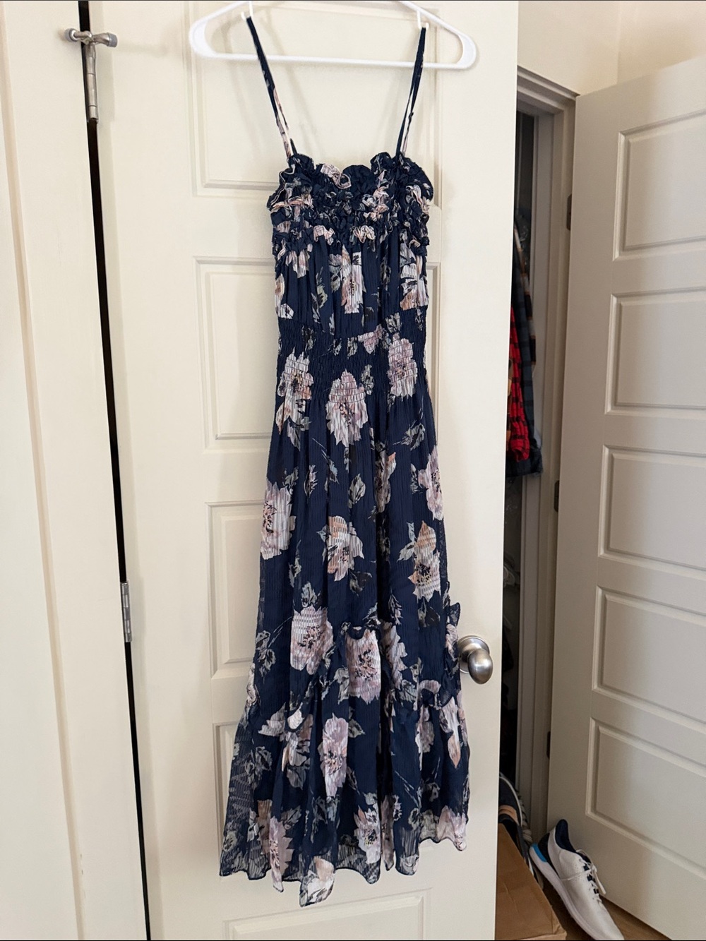 Rebecca Taylor Navy Floral Smocked Maxi Dress with Pink Cream Blooms